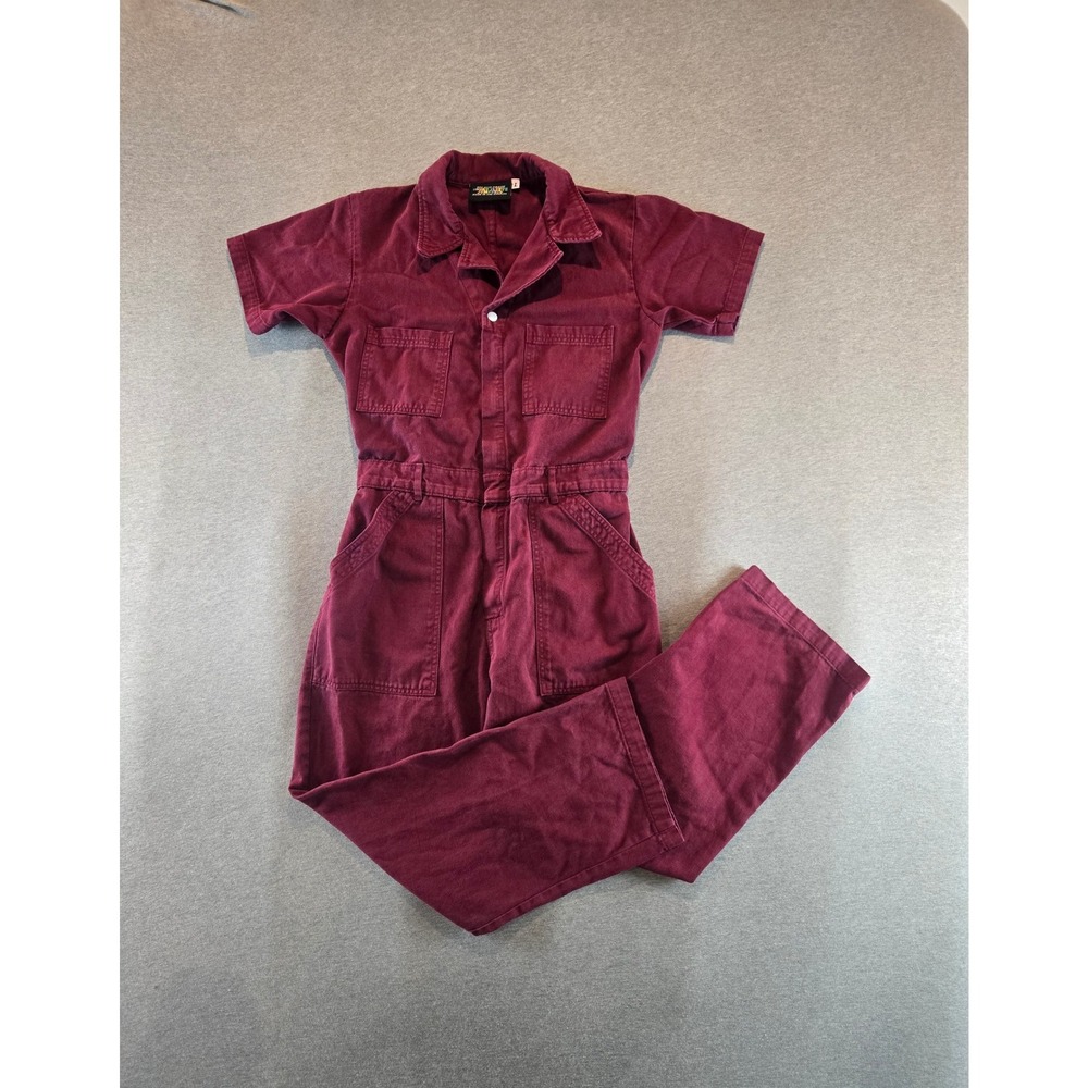 Big Bud Press Jumpsuit Women Large Burgundy Red Short Sleeve Cotton Twill Boiler